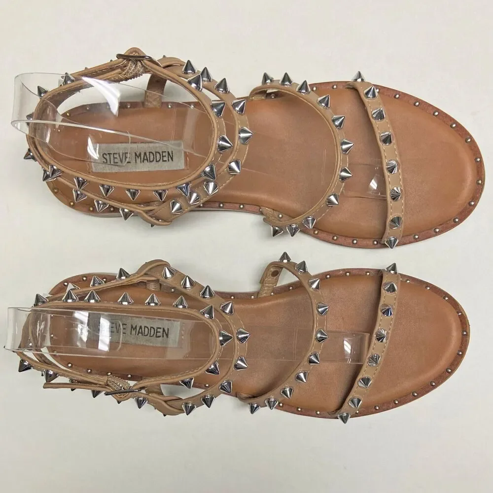 Steve Madden Beige Travel Flat Sandal Size 7.5 Pointed Round Silver Studs Buckle